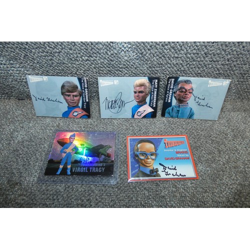 553 - 5 x rare one of a kind Gerry Anderson/Thunderbirds autograph cards, signed by Virgil, Alan, Kyrano, ... 