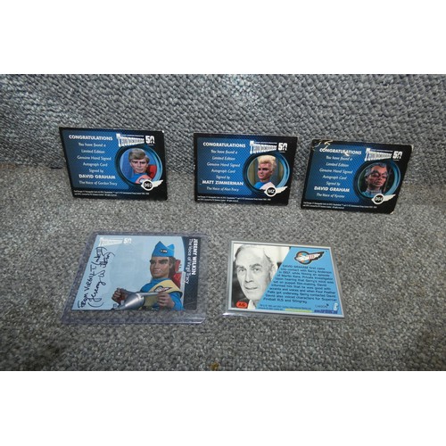 553 - 5 x rare one of a kind Gerry Anderson/Thunderbirds autograph cards, signed by Virgil, Alan, Kyrano, ... 