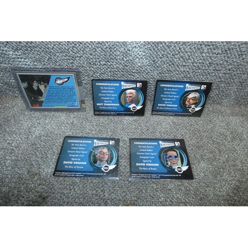 554 - 5 x rare one of a kind Gerry Anderson/Thunderbirds autograph cards, signed by Bob Bell & Alan, Kyran... 