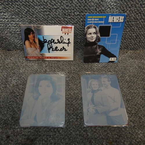 631 - 2 x rare metal The Avengers trading card print plates, a limited edition Honor Blackman Costume card... 