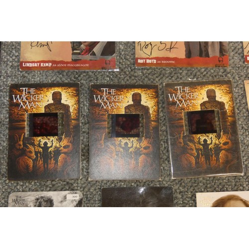 668 - 3 x rare film cell trading cards from the Wicker Man, 3 x metal print plates, 10 x autograph cards i... 