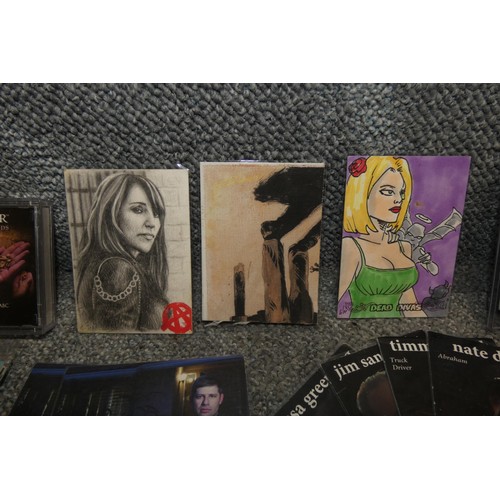 672 - A large quantity of various collectible trading cards including 2 x sketch cards, a canvas chase car... 