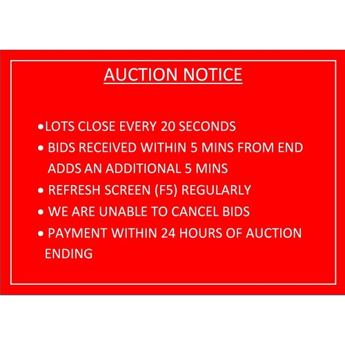 0 - This is a timed auction with each lot closing at 20 second intervals. Bids made within 5 minutes of ... 