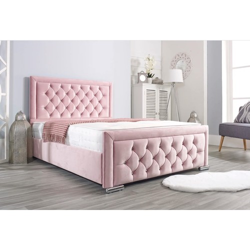 1106 - A King Leiston blush upholstered double bed frame RRP £316 approx 5ft wide supplied with a 5ft memor... 