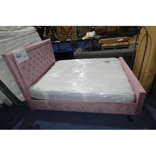 1106 - A King Leiston blush upholstered double bed frame RRP £316 approx 5ft wide supplied with a 5ft memor... 