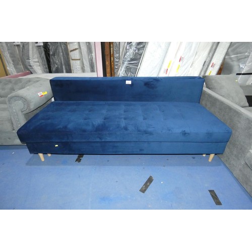 1384 - A blue upholstered sofa bed approx 200cm wide. Please note that this sofa bed is missing both the en... 