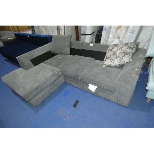 1385 - A grey upholstered corner sofa approx 216 x 165cm. Please note that this sofa is missing the back cu... 