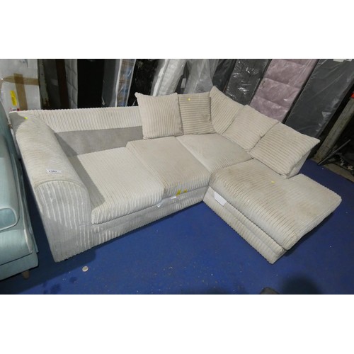 1387 - A light beige upholstered corner sofa approx 216 x 165cm. Please note that this sofa is missing the ... 