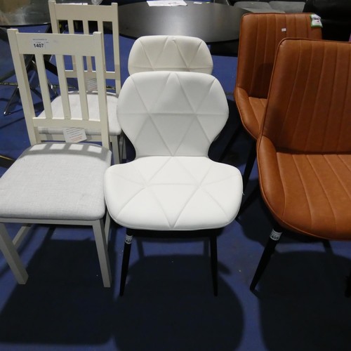 1408 - 2 x white upholstered dining chairs with black legs