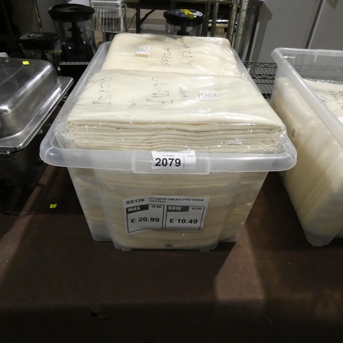 2079 - A box containing a quantity of various size cream tablecloths, viewing is recommended.