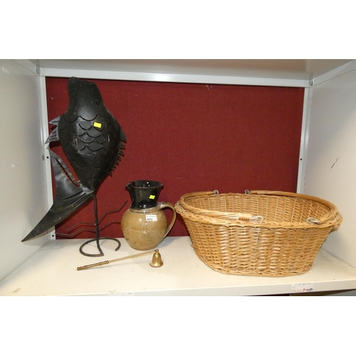 4002 - A decorative stoneware jug, a metalwork fish ornament and a two handled basket