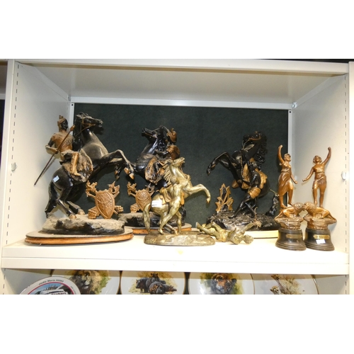 4027 - 4 various spelter statues of rearing horses and two bronzed classical figures (one shelf)