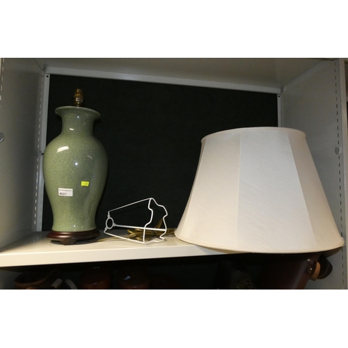 4037 - A green crackle ware celadon table lamp with shade