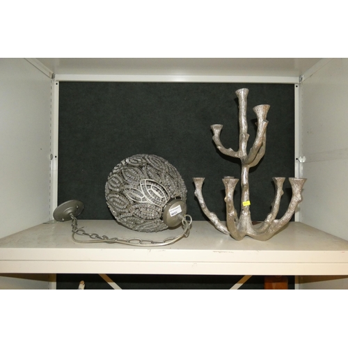 4051 - A decorative white metal 9 branch table candelabra and a decorative white metal hanging light shade