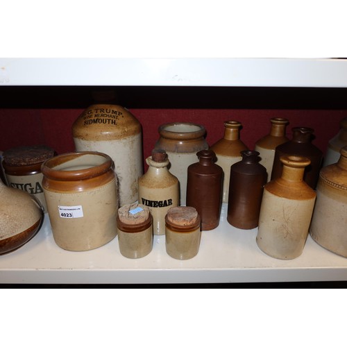 4023 - A large stoneware jar and a large quantity of other smaller stoneware jars, bottles and hot water bo... 