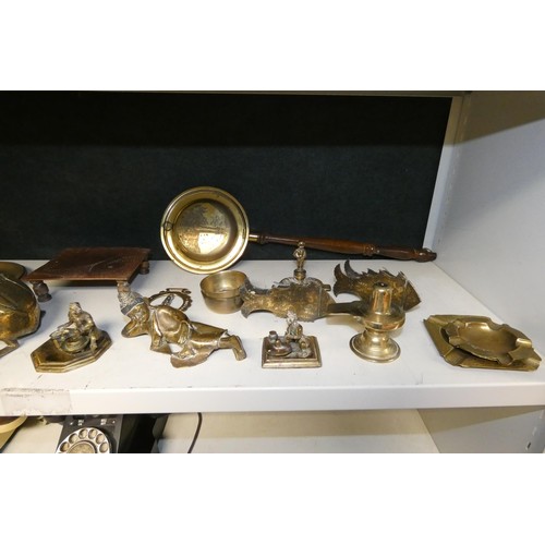 4048 - A large brass kettle, various large brass trays and a quantity of miscellaneous decorative brass war... 