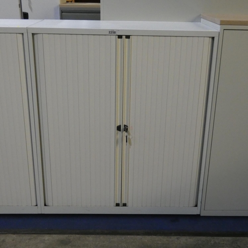 2258 - A light grey metal tambour front office cabinet approx 100 x 48 x 115cm high