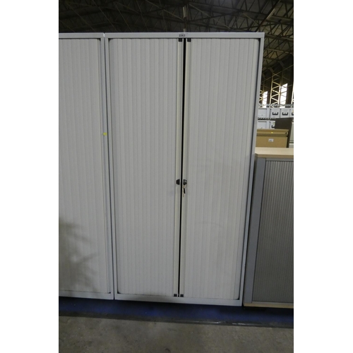 2263 - A light grey metal tambour front storage cabinet approx 100 x 47 x 195cm high