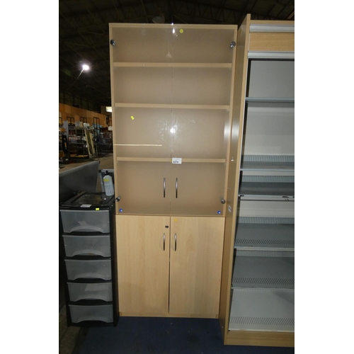 2270 - A tall wood effect office cabinet with a 2 glass door cupboard above and 2 door cupboard beneath, ap... 