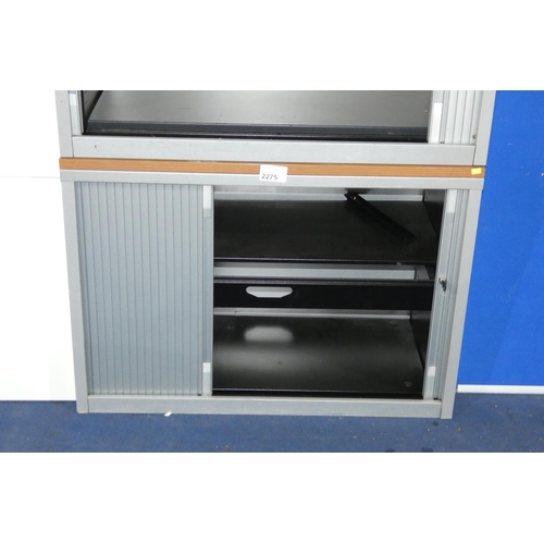 2275 - A silver metal tambour front storage cabinet with wood effect top approx 100 x 47 x 71cm high