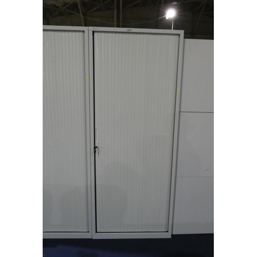 2277 - A light grey metal tambour front storage cabinet by Triumph approx 80 x 47 x 198cm high