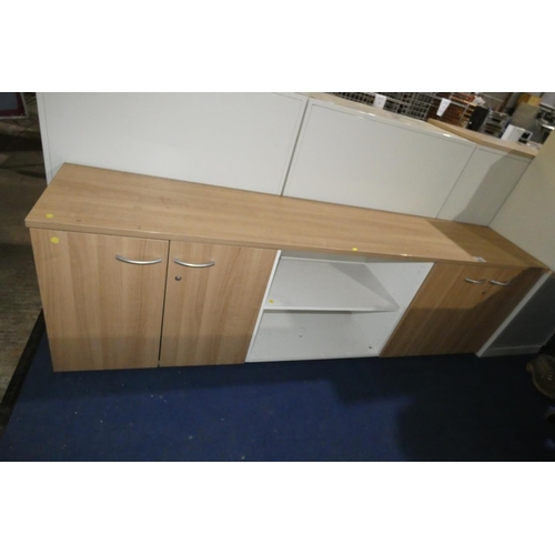 2290 - A long office sideboard with 2 x 2 door cupboards and a book shelf, approx 240 x 52 x 73cm high