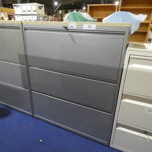 2293 - A silver metal 3 drawer lateral filing cabinet with wood effect top approx 100 x 47 x 118cm high