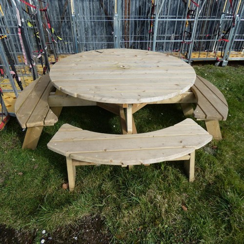 2206 - A large round wooden picnic bench, approx 176cm (table top) & 264cm including benches, will need a f... 