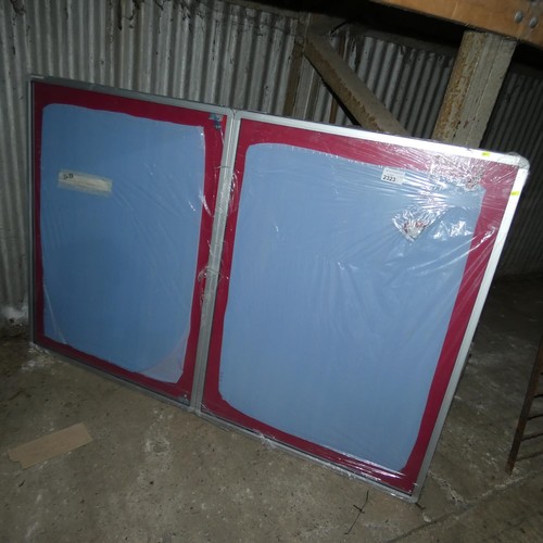 2323 - A large pin board with 2 clear Perspex doors overall approx 180 x 120cm