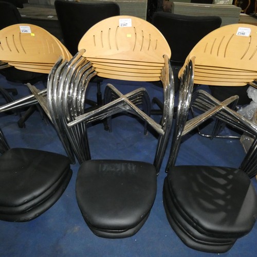 2347 - 6 x metal framed stacking chairs with bent wood backs and black seat pads. Please note that the seat... 