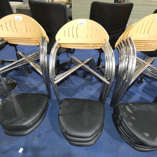 2348 - 4  x metal framed stacking chairs with bent wood backs and black seat pads. Please note that the sea... 