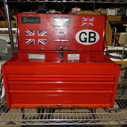 3066 - A Snap On red metal tool cabinet with 3 drawers and a lift up front / top approx 61 x 27 x various 9... 