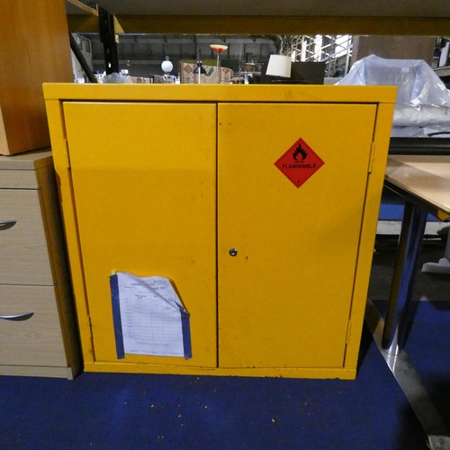 2371 - A yellow metal two door storage cabinet approx 92 x 48 x 92cm high