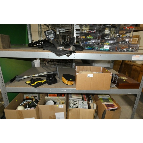 3101 - A quantity of various items including CDs, DVDs, 2 air pumps, a wooden box etc. Contents of 1 shelf