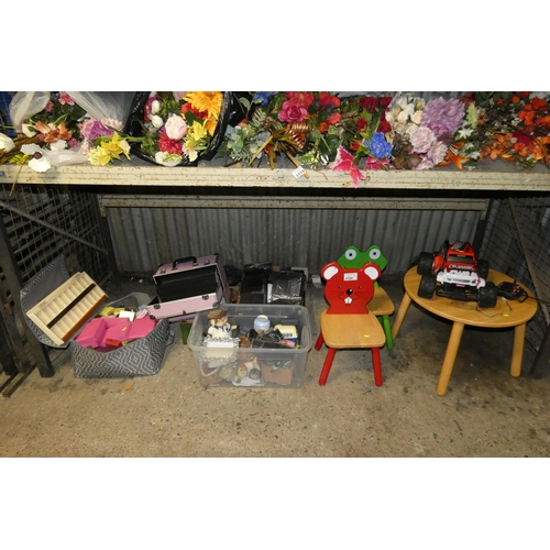 3120 - A quantity of various household items including a child's size table with 2 chairs (mouse and frog),... 