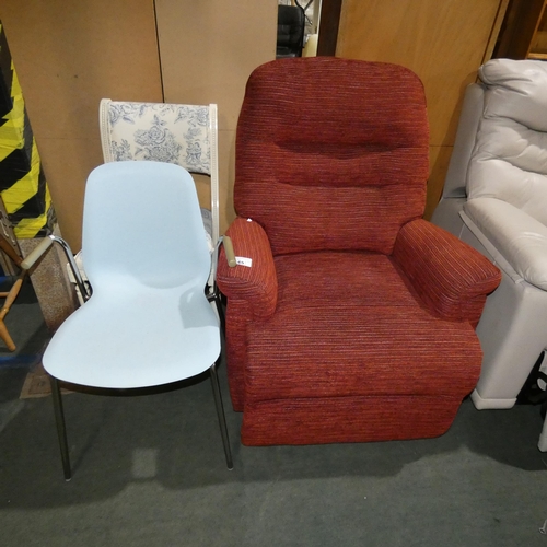 3145 - An upholstered arm chair, a bedroom chair and a light blue plastic chair