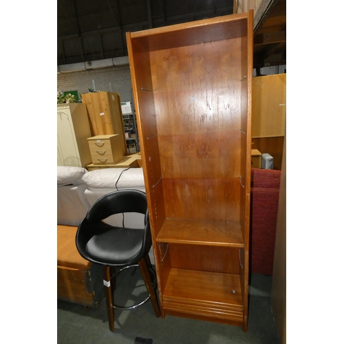 3159 - A vintage dark wood shelf unit with adjustable shelves approx 63cm wide and a black upholstered stoo... 