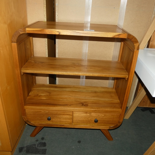 3182 - A dark wood curved corner shelf unit with two drawers below approx 80cm wide