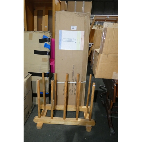 3201 - A wheeled pivot mirror (boxed and requires assembly) and a wooden Wellington boot rack (built)