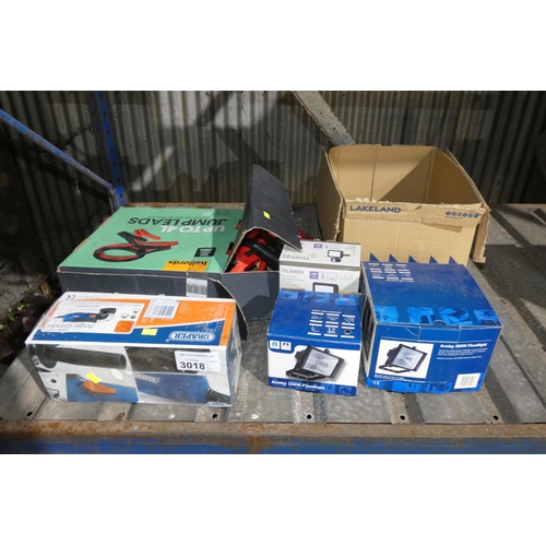 3018 - A quantity of various items including jump leads, lights, a Draper angle grinder etc - all items app... 