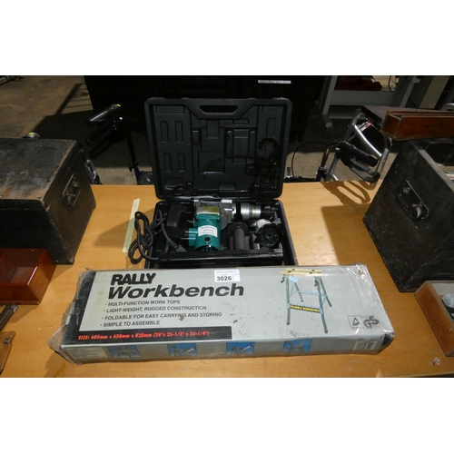 3026 - A rotary hammer drill 240v and a Rally folding workbench (Trade)