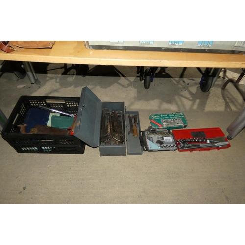 3027 - A quantity of various tools including socket sets, wrenches etc (laid out under table)