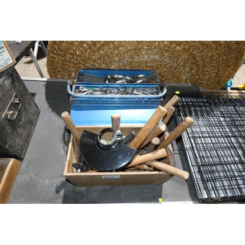 3029 - A blue metal tool box and 1 wooden box containing a quantity of various tools including spanners, ha... 