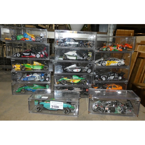 3100 - 16 x model cars in Perspex cases (some require repair)