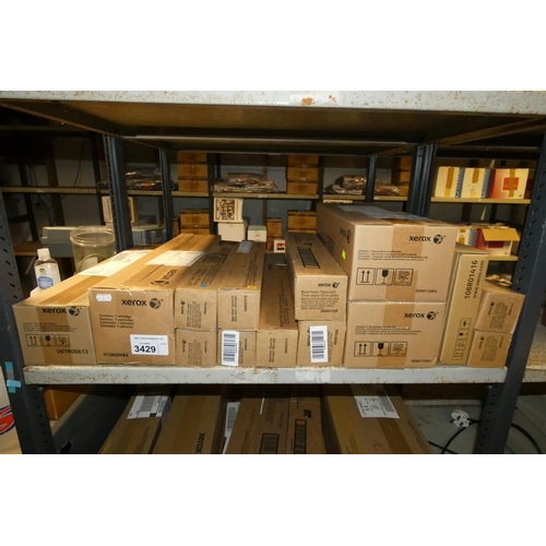 3429 - A quantity of various Xerox items including, toner, transfer rolls, a transfer belt etc. Contents of... 