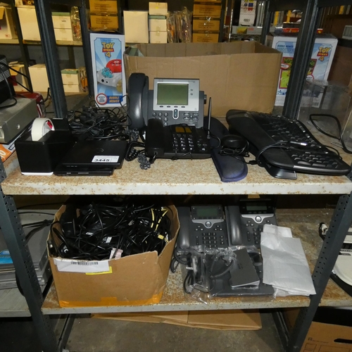 3445 - A quantity of various electronic related items including Dell laptop chargers, Cisco phones, keyboar... 