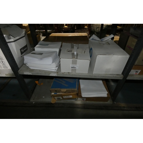 3453 - A quantity of various office related items including envelopes. Contents of 2 shelves