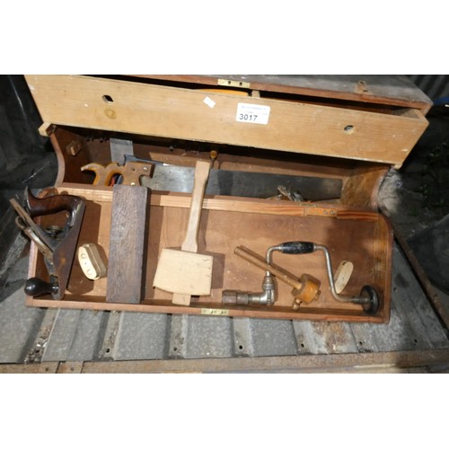 3017 - 1 wooden carpenters box with drop front containing a quantity of various vintage wood working tools