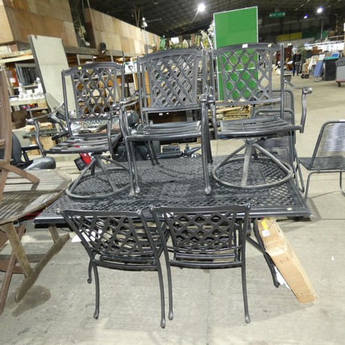 3057 - A rectangular metal garden dining table approx 175 x 104cm and 6 matching chairs (2 are swivel chair... 