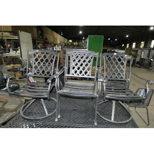 3057 - A rectangular metal garden dining table approx 175 x 104cm and 6 matching chairs (2 are swivel chair... 